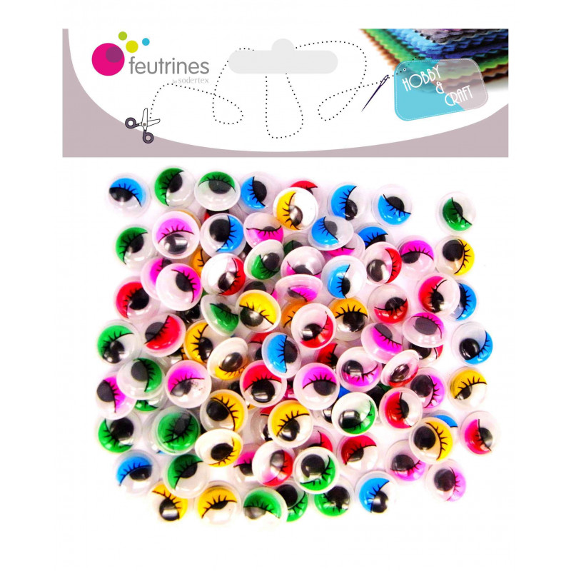 3701385300828 - 100 YEUX MOBILES AVEC CILS COULEURS ADHESIFS Ø10 ASSORTIS