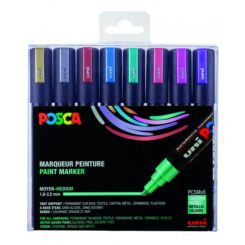 3296280021737 - POSCA PC-5M 8 MARQUEURS COLORIS MÉTAL ASSORTIS
