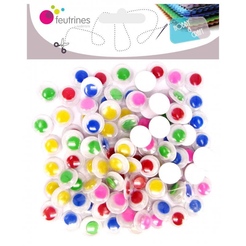 3701385300811 - 100 YEUX MOBILES RONDS COULEURS ADHESIFS Ø10MM ASSORTIS