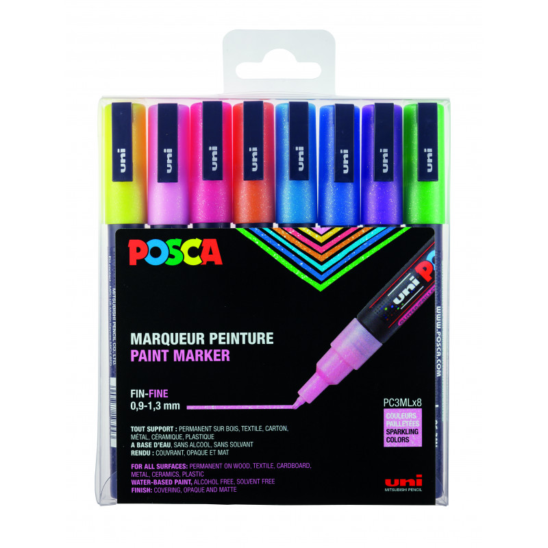 3296280034140 - POSCA PC-3M 8 MARQUEURS COLORIS PAILLETÉS ASSORTIS