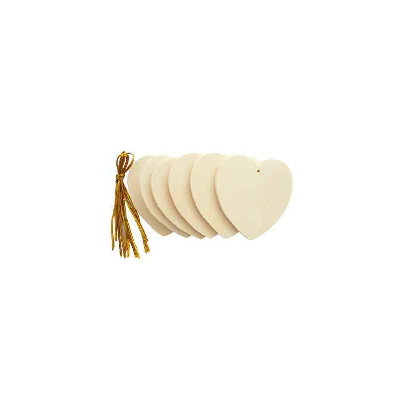 3532431011425 - 6 SUSPENSIONS CŒURS PLATS 6CM BOIS