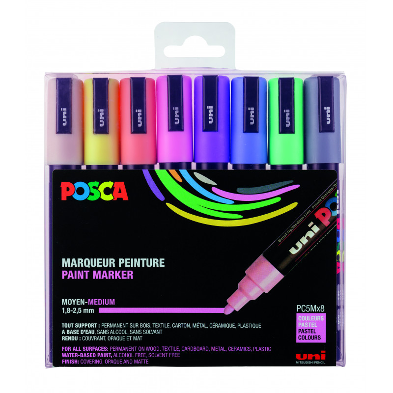 3296280033464 - POSCA PC-5M 8 MARQUEURS COLORIS PASTEL ASSORTIS