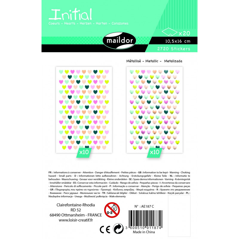 3609510911874 - 2720 GOMMETTES MÉTALISÉES COEURS COLORIS ASSORTIS