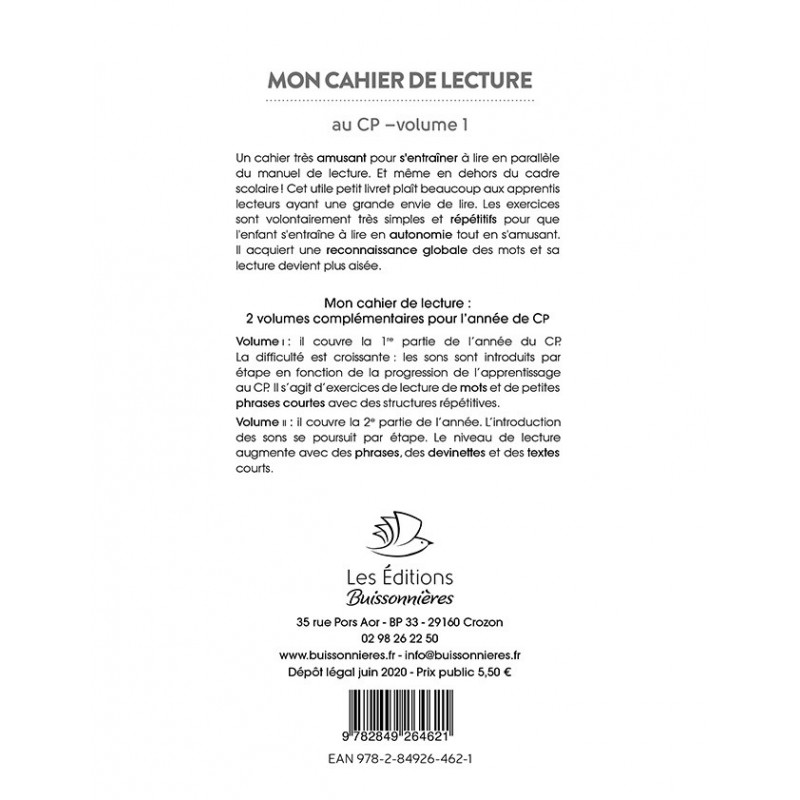 9782849265444 - MON CAHIER DE LECTURE AU CP VOLUME 1 (DÉBUT CP )