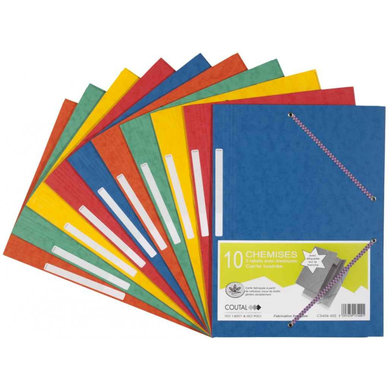 3297459174001 - 10 CHEMISES ÉLASTIQUE 3 RABATS CARTE COLORIS VIFS