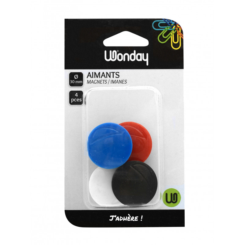 3701254704863 - 4 AIMANTS RONDS COLORIS ASSORTIS Ø30MM